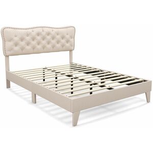 COSTWAY Double Size Bed Frame Wooden Slats Platform Upholstered Button Tufted Headboard COSTWAY Double Size Bed Frame Wooden Slats Platform Upholstered Button Tufted Headboard