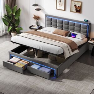 ABRIHOME Grey Velvet Bed Frame with Hydraulic Storage Drawers & RGB LED Headboard - Adjustable Upholstered Bed with Charging Station, Button Tufted Design for ABRIHOME Grey Velvet Bed Frame with Hydraulic Storage Drawers & RGB LED Headboard - Adjustable Upholstered Bed with Charging Station, Button Tufted Design for