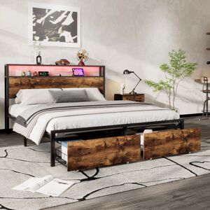 ABRIHOME Metal Bed, Youth bed,Multifunctional Bed, Wrought Iron Bed, With LED Light Strip and Drawer, Black+Walnut, Double Bed 135x190cm ABRIHOME Metal Bed, Youth bed,Multifunctional Bed, Wrought Iron Bed, With LED Light Strip and Drawer, Black+Walnut, Double Bed 135x190cm