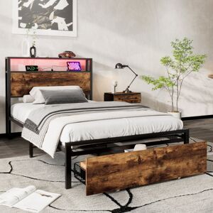 Abrihome - Metal Bed, Youth bed,Multifunctional Bed, Wrought Iron Bed, With led Light Strip and Drawer, Black+Walnut, Single Bed 90x190cm Abrihome - Metal Bed, Youth bed,Multifunctional Bed, Wrought Iron Bed, With led Light Strip and Drawer, Black+Walnut, Single Bed 90x190cm