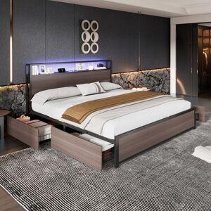 ABRIHOME Metal Bed, Youth bed,Multifunctional Bed, Wrought Iron Bed, With LED Light Strip and 4 Drawerss, Grey, Double Bed 135x190cm ABRIHOME Metal Bed, Youth bed,Multifunctional Bed, Wrought Iron Bed, With LED Light Strip and 4 Drawerss, Grey, Double Bed 135x190cm