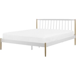 Beliani Double Size Metal Bed White with Light Wood Legs - Bed Beliani Double Size Metal Bed White with Light Wood Legs - Bed