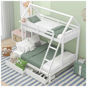 DEWDAT Triple Bunk Bed with Ladder, Three Sleeper, 3FT Single, 4FT6 Double, with drawers and a shelf, Solid Pine Wood Frame, Kids Children, White (90x190cm, DEWDAT Triple Bunk Bed with Ladder, Three Sleeper, 3FT Single, 4FT6 Double, with drawers and a shelf, Solid Pine Wood Frame, Kids Children, White (90x190cm,