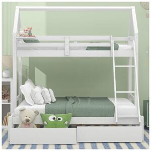 DEWDAT Triple Bunk Bed with Ladder, Three Sleeper, 3FT Single, 4FT6 Double, with drawers and a shelf, Solid Pine Wood Frame, Kids Children, White (90x190cm, DEWDAT Triple Bunk Bed with Ladder, Three Sleeper, 3FT Single, 4FT6 Double, with drawers and a shelf, Solid Pine Wood Frame, Kids Children, White (90x190cm,