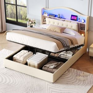 ABRIHOME Upholstered Bed Frame with Hydraulic Storage - Beige Linen LED Headboard with Curved Button Tufted Design, USB & Type-C Charging Station and ABRIHOME Upholstered Bed Frame with Hydraulic Storage - Beige Linen LED Headboard with Curved Button Tufted Design, USB & Type-C Charging Station and