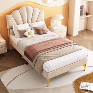 ABRIHOME Velvet Upholstered bed, Shell-like Bed with Golden Iron Legs, Height-adjustable Headboard, Wooden Slatted Frame, Beige, Single Bed-3ft(90x190cm) ABRIHOME Velvet Upholstered bed, Shell-like Bed with Golden Iron Legs, Height-adjustable Headboard, Wooden Slatted Frame, Beige, Single Bed-3ft(90x190cm)