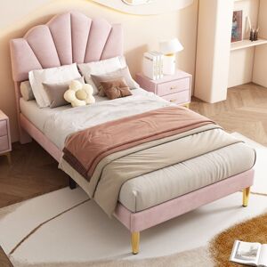 Abrihome - Velvet Upholstered bed, Shell-like Bed with Golden Iron Legs, Height-adjustable Headboard, Wooden Slatted Frame, Pink, Single Abrihome - Velvet Upholstered bed, Shell-like Bed with Golden Iron Legs, Height-adjustable Headboard, Wooden Slatted Frame, Pink, Single