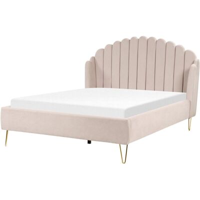 Beliani Bed Beige Fabric Upholstery EU Double Size 4ft6 Metal Legs Retro Design Chanell Shell Headboard - Bed Beliani Bed Beige Fabric Upholstery EU Double Size 4ft6 Metal Legs Retro Design Chanell Shell Headboard - Bed