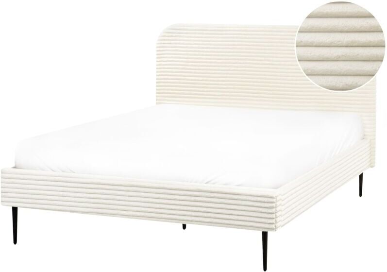 BELIANI Corduroy Jumbo Cord Wide Ridges Upholstered eu Double Size Bed 4.6ft Off-White Flayat