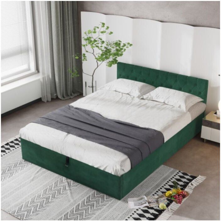 DEWDAT Upholstered Queen Platform Bed With a Hydraulic Storage System, 140 x 200 cm, without mattress, green