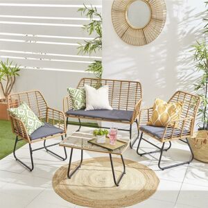 NEO DIRECT Neo Dark Grey Garden Furniture Patio Wicker Bamboo Style Cane Chair Table Outdoor Indoor Balcony Conservatory Rattan Cushion Sofa Set 4 Piece