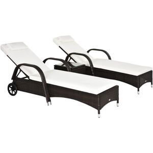 Outsunny - 3 pcs Rattan Lounger Recliner Bed Garden Furniture Set Side Table Brown - Brown