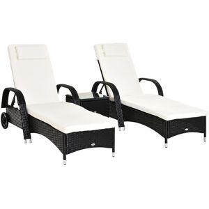 Outsunny - 3 pcs Rattan Lounger Recliner Bed Garden Furniture Set Side Table Black - Black