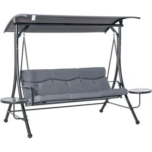 3 Seat Garden Swing Chair Steel w/ Adjustable Canopy and Coffee Tables - Grey - Outsunny
