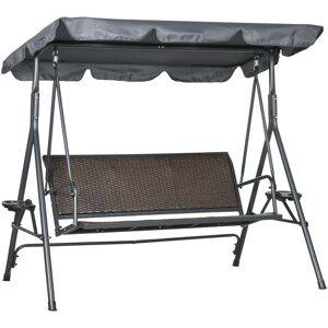 3 Seater Garden Swing Seat Bench with Adjustable Canopy, Rattan Seat - Dark Grey, Brown - Outsunny