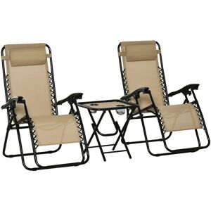 Outsunny - 3PC Zero Gravity Chairs Sun Lounger Table Set w/ Cup Holders Beige - Beige