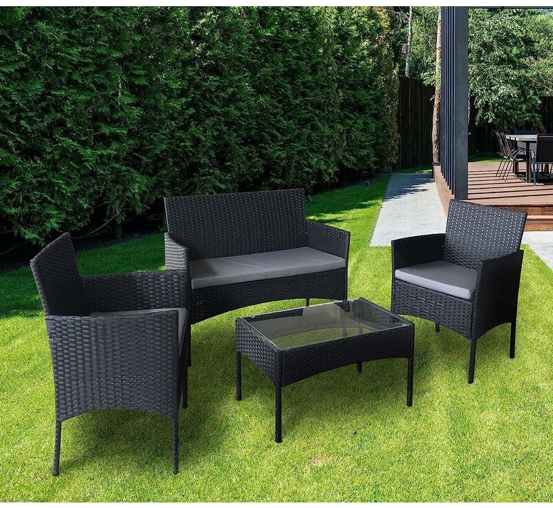 MCC DIRECT 4pcs Rattan Outdoor Garden Furniture Sofa Set Table & Chairs (Roger Black)