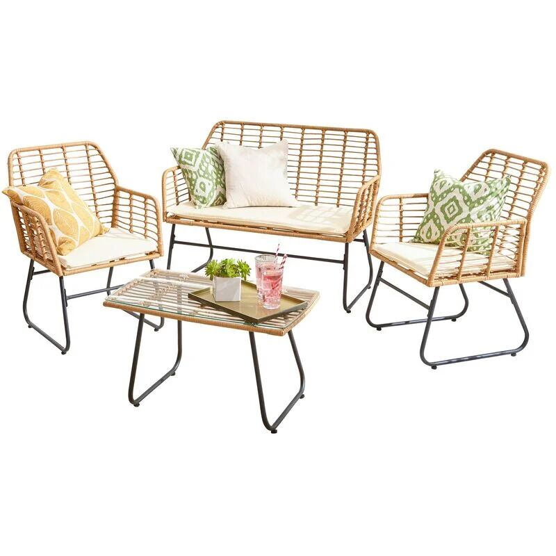 NEO DIRECT Neo Beige Garden Furniture Patio Wicker Bamboo Style Cane Chair Table Outdoor Indoor Balcony Conservatory Rattan Cushion Sofa Set 4 Piece