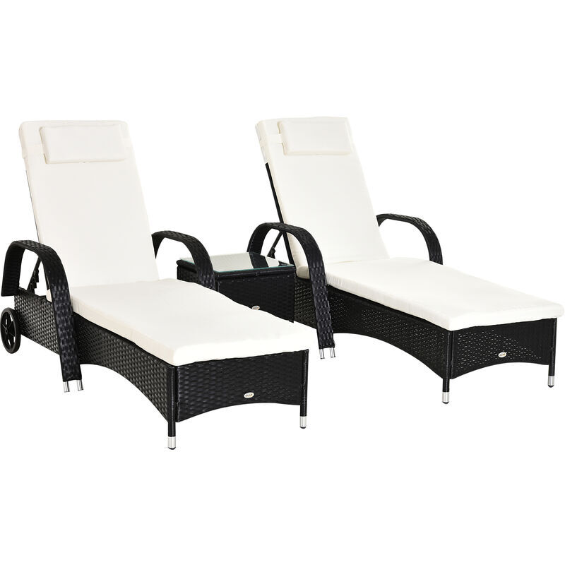 Outsunny - 3 pcs Rattan Lounger Recliner Bed Garden Furniture Set Side Table Black - Black