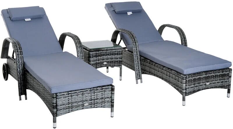 3 pcs Rattan Lounger Recliner Bed Garden Furniture Set Side Table Grey - Grey - Outsunny