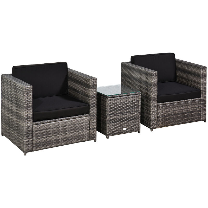 Outsunny - 3Pcs Patio 2 Seater Rattan Sofa Garden Furniture Set w/ Cushions Grey - Grey