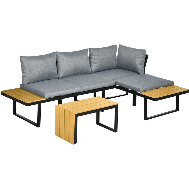 3PCs Patio Furniture Set w/ Cushions, Wood Grain Plastic Top Table - Dark Grey - Outsunny