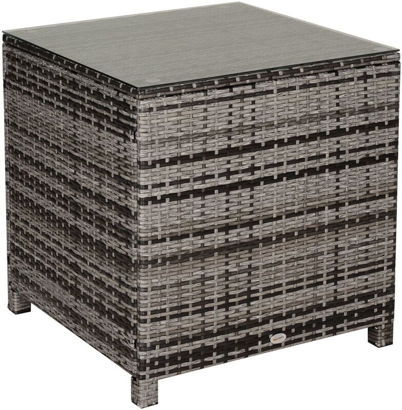 Side Table Furniture Tempered Glass Garden Patio Wicker Grey - Mixed Grey - Outsunny