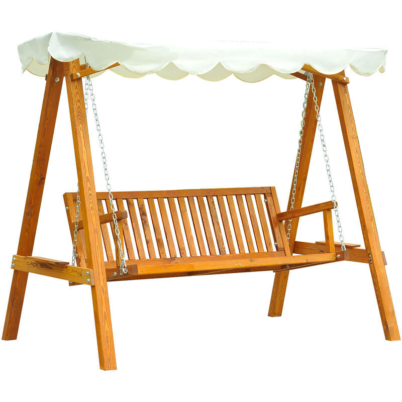 Swing Chair 3 Seater Swinging Wooden Hammock Garden Seat Outdoor Canopy Cream - Cream - Outsunny