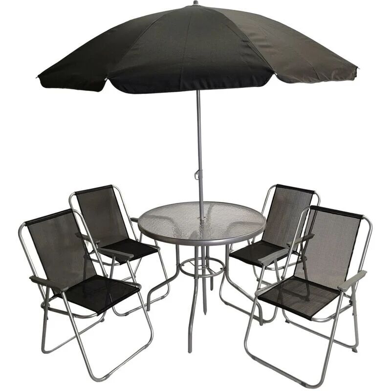 Samuel Alexander - 4 Seater Garden Table And Chairs Set 4 Folding Chairs Outdoor Glass Table Garden Dining Set With Black Parasol Umbrella Patio