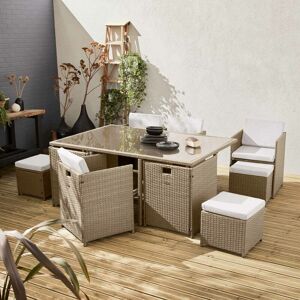 Sweeek - 6 to 10-seater rattan cube table set - table, 6 armchairs, 2 footstools - Vabo 10 - Beige rattan, Beige cushions - Beige