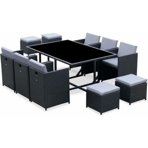 Sweeek - 6 to 10-seater rattan cube table set - table, 6 armchairs, 2 footstools - Vabo 10 - Black rattan, Grey cushions - Black