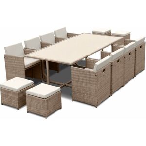 SWEEEK 8 to 12-seater rattan cube table set - table, 8 armchairs, 4 footstools - Vabo 12 - Natural rattan, Beige cushions - Beige