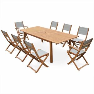 SWEEEK 8-seater garden dining set, extendable 180-240cm FSC-eucalyptus wooden table, 6 chairs and 2 armchairs - Almeria 8 - Grey textilene seats - Natural
