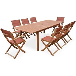 SWEEEK 8-seater garden dining set, extendable 180-240cm FSC-eucalyptus wooden table, 6 chairs and 2 armchairs - Almeria 8 - Terracotta textilene seats