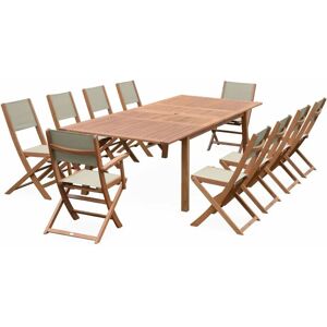 Sweeek - 10-seater garden dining set, extendable 200-300cm FSC-eucalyptus wooden table, 8 chairs and 2 armchairs - Almeria 10 - Grey textilene seats