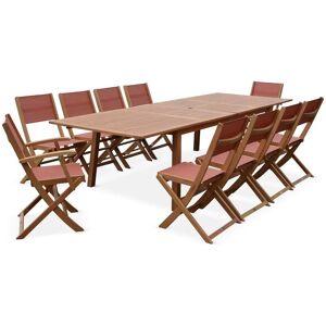 Sweeek - 10-seater garden dining set, extendable 200-300cm FSC-eucalyptus wooden table, 8 chairs and 2 armchairs - Almeria 10 - Terracotta textilene