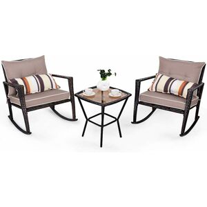 CASART Costway 3 pcs Rattan Wicker Rocking Bistro Set, Glass Coffee Tea Table and 2 Rocking Chairs with Cushion & Waist Pillow, Conversation Sets for