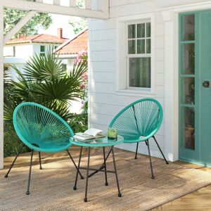SONGMICS Garden Patio Furniture Set 3 Pieces, Acapulco Chair, Outdoor Seating, Glass Top Table and 2 Chairs, Indoor and Outdoor Conversation Set, Turquoise