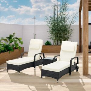 Mcc Direct - 3 Pieces Rattan Sun Lounger Bed Recliner Outdoor Chair & Side Table Set Venice black