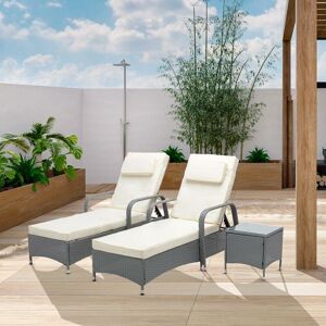 Mcc Direct - 3 Pieces Rattan Sun Lounger Bed Recliner Outdoor Chair & Side Table Set Venice grey