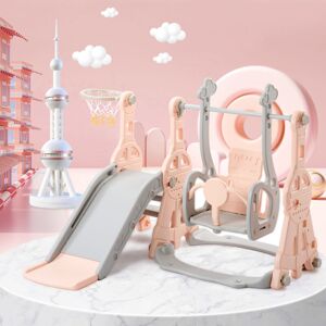 Abrihome - 4 in 1 Children's Slide, Swing with Basketball Stand, Climbing ladder, Slide for Indoor and Outdoor Use, Pink