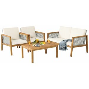 GYMAX 4-Piece Garden Wicker Patio Furniture Set Outdoor Acacia Wood Conversation Set