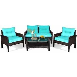 COSTWAY 4 Pieces pe Rattan Patio Conversation Set Outdoor Rattan Furniture With Cushions