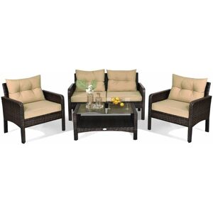 COSTWAY 4 Pieces pe Rattan Patio Conversation Set Outdoor Rattan Furniture With Cushions