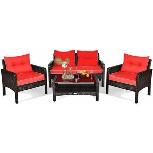 COSTWAY 4 Pieces pe Rattan Patio Conversation Set Outdoor Rattan Furniture With Cushions