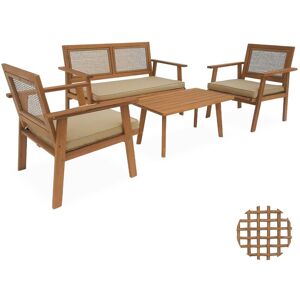 Sweeek - 4-seater wood and cane rattan garden sofa set - Bohemia - Beige and Light brushed wood