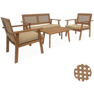 Sweeek - 4-seater wood and cane rattan garden sofa set, Teak colour - Brown and Beige