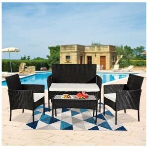 FAMIHOLLD 4PCS Outdoor Living Room Balcony Garden Rattan Furniture-Black