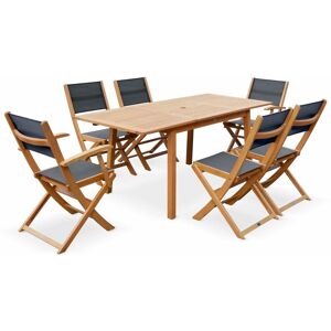 SWEEEK 6-seater garden dining set, extendable 120-180cm FSC-eucalyptus wooden table, 4 chairs and 2 armchairs - Almeria 6 - Black textilene seats - Natural