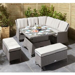 CHESHIRE GARDEN FURNITURE 6 Seater Natural Stone Rattan Weave Corner Dining Set - With Benches